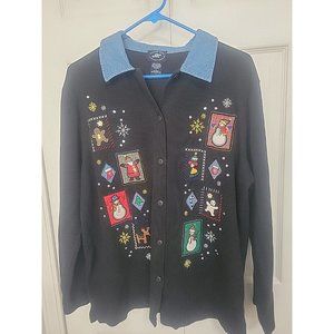 Moving Bleu Christmas Sweater /Jacket Womens Size LARGE w/ Black Santa VTG